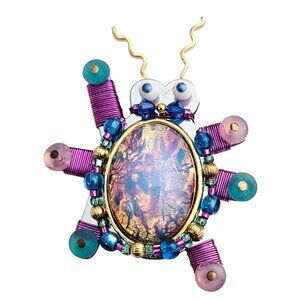 Liztech, 2000 Art Glass Pink Foiled Robin's Egg Blue Bug Brooch Pin Signed C981